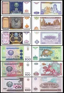 Uzbekistan 6 Pcs UNC Set 25 50 100 200 500 1000 Sum 1994 2001, P-77 to P-82 - Picture 1 of 9