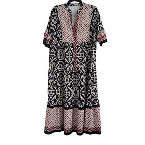 Maxi abito donna shein bohemien manica corta nero e beige stampato taglia L - Foto 1 di 9