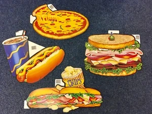 Recortes de cartón de comida rápida de la década de 1980 decoración de fiesta 4 piezas exhibición vintage - Imagen 1 de 2