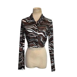Shein brown stripe long sleeves button crop blouse size small - Picture 1 of 12