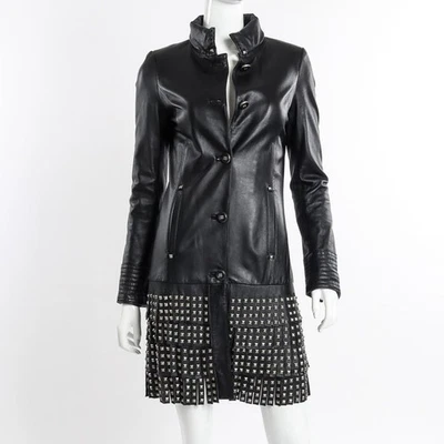 RARE Class Roberto Cavalli Black Studded Fringe Statement Leather Coat Size 10 - Image 1 of 4