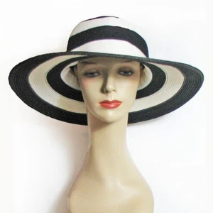 NWT Croft & Barrow Straw Wide Brim Black White Stripe Hat Packable 22-3/4" 7-1/4 - Picture 1 of 11