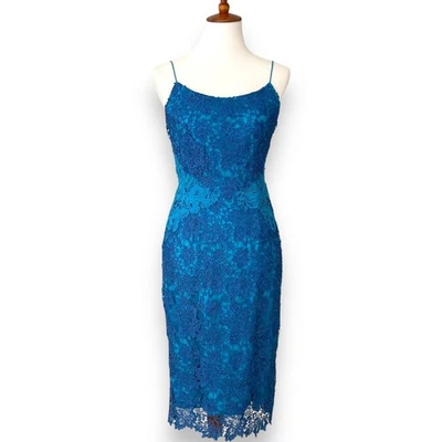 ML Monique Lhuillier Blue Sleeveless Lace Sheath Applique Cocktail Dress Size 6 - Image 1 of 4