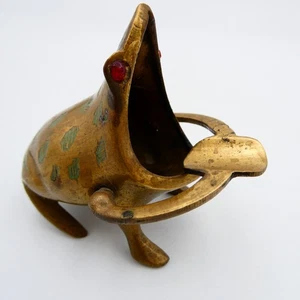 Spotted Brass Frog Toad Ashtray Hinged Mouth Bejeweled Red Eyes Art Deco VTG - Picture 1 of 8