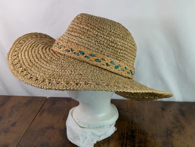 Sombrero de Paja 100% Artesanal Scala Ala Ancha Turquesa Piedras Talla Única Tostado  Foto 1 de 4