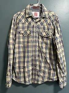 Christian Audigier Long Sleeve Pearl Snap Blue Yellow Plaid Shirt Mens Sz Large - Picture 1 of 5