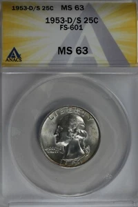1953-D/S .25   ANACS   MS 63  FS-601  Washington Quarter, Silver 25 Cents (0.25) - Picture 1 of 2