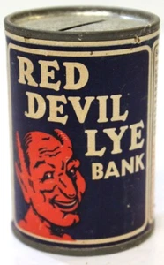 Red Devil Lye Bank, Paper label over Tin, Complete Label LOOK!! - Picture 1 of 3