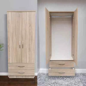 Fully Assembled 2 Door Oak Wardrobe With Drawer Bedroom Storage Hanging Bar - Picture 1 of 1