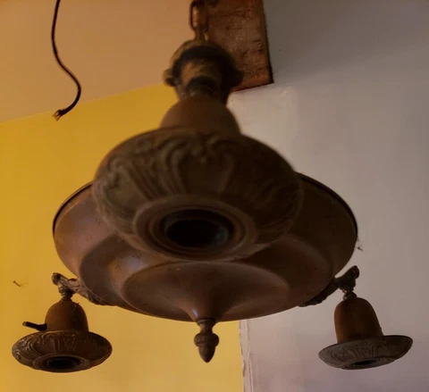 Antique Art Deco Brass 3 Arm Pan Light Fixture Chandelier Ceiling Light Salvaged Cover