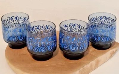 Vintage Libbey MCM Lowball Footed Glasses Set of 4 Blue Scrolled Pattern 8 oz. - Image 1 of 4