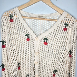 REBELLION Open Knit Cherry Cardigan Medium Bohemian Beachy Coquette Fun Cotton - Picture 1 of 8