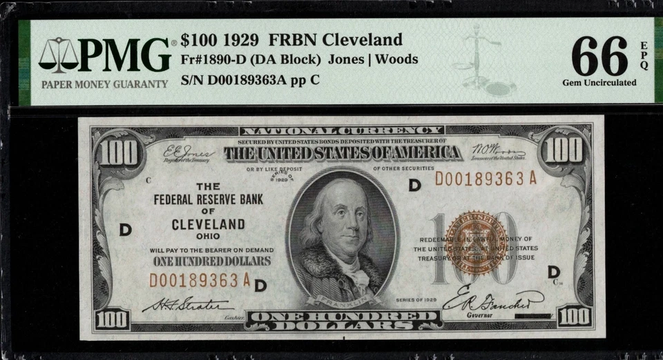 1929 $100 FRBN D00189363A P.M.G #66EPQ - Image 1 of 3