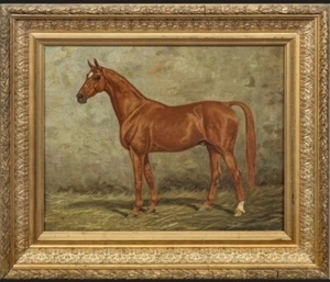 Antigua pintura al óleo maestra de arte animal azufaifo caballo rojo sobre lienzo 20"x24" - Imagen 1 de 2