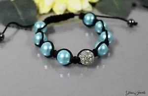 Glass Jewels Silber Armband Perlen Makramee Verstellbar Türkis Strass #G027 - Bild 1 von 3