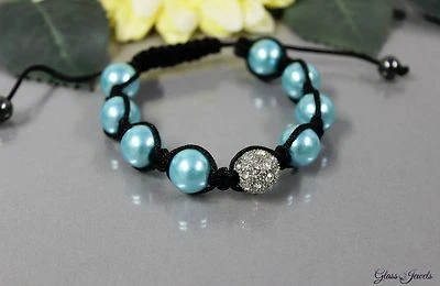 Glass Jewels Silber Armband Perlen Makramee Verstellbar Türkis Strass #G027 - Bild 1 von 3
