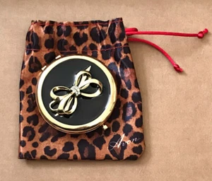 NEW AVON DOUBLE SIDED COMPACT MIRROR - BLACK, GOLD w/ BOW & BLING, LEOPARD POUCH - Picture 1 of 2