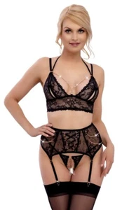 Set bretelle di lusso Abierta Fina bralette reggiseno slip aperto reggicalze pizzo erotico - Foto 1 di 7