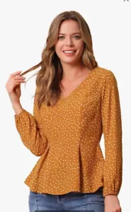 Allegra K Size XS Orange Peplum Top Long Sleeve White Dot - Picture 1 of 12
