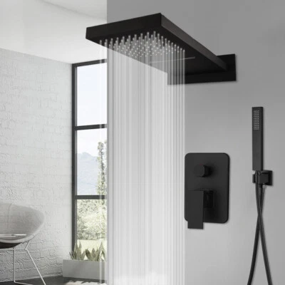 22" Shower Faucet Set Black Rainfall Head Mixer Hand Held Sprayer Tap Wall Mount - Image 1 of 4