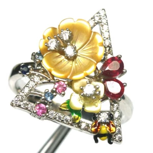 Gemstone Mother Of Pearl, Ruby, Sapphire,..Jewelry Ring 925 Silver Size 7.75 - Picture 1 of 4