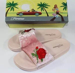 Forever Pink Crushed Velvet embroidered Red Rose Slides Slippers Size 9 NIB - Picture 1 of 1