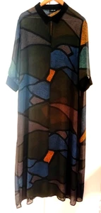 Israel Designer Ronen Chen langes kurzärmliges Chiffonkleid mit Kragen Gr. 44/XL - Bild 1 von 1