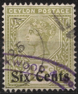 SG250 Sn:#159 1899 used 6c on 15c CEYLON  Queen Victoria - surcharged in black - Picture 1 of 2