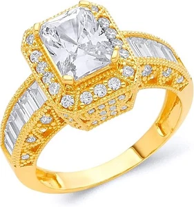 4.50 Ct Radiant Baguette Cut 14K Yellow Gold Hidden Halo Milgrain Simulated Ring - Picture 1 of 1