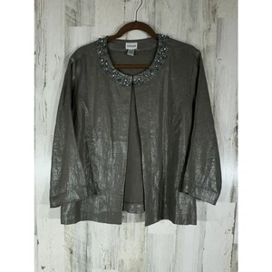 Chicos Linen Jacket Size 2 or Large Gray Taupe Shimmer Beaded Neck Linen - Picture 1 of 9