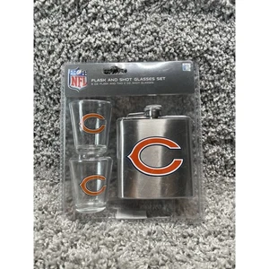 NFL Chicago Bears Flask w 2 Shot Glass Set Brushed Stainless Steel Portable New - Picture 1 of 9
