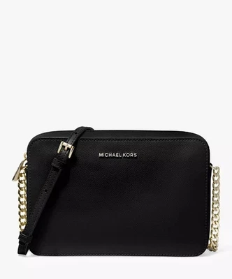 Michael Kors MK Jet Set Travel East/West Leather Cross Body Bag Gift Black Gold - Image 1 of 4