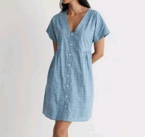 Madewell Women's Sz XS Blue Button-Front V-Neck Eyelet Lace Mini Dress Pockets - Picture 1 of 17