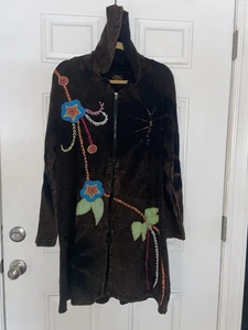 Rising International Brown Hoodie Jacket 3X Fabric Patch Embroidery Floral Boho - Picture 1 of 11