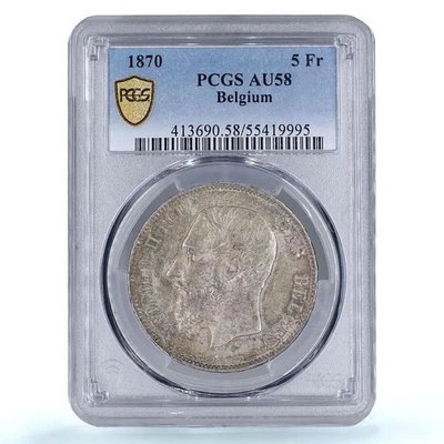 Belgium 5 francs King Leopold II Coinage KM-24 AU58 PCGS silver coin 1870 - Image 1 of 2