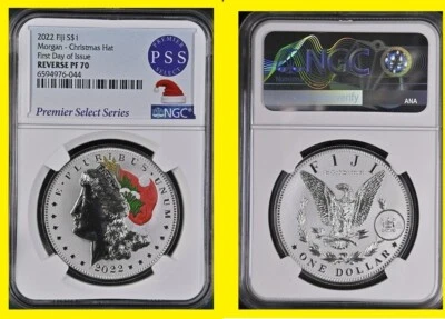 MORGAN Silver Dollar SANTA Christmas Hat NGC RV PF 70 First Day 2022 Fiji - Image 1 of 4