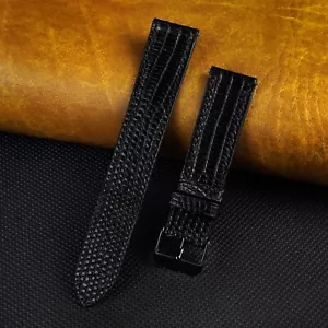 18mm Black Genuine Lizard Watch Band Men Thin Leather Watch Strap Black Buckle - Picture 1 of 6