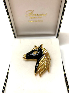 Biżuteria vintage oszałamiająca czarna emaliowana broszka z głową konia przypinka
