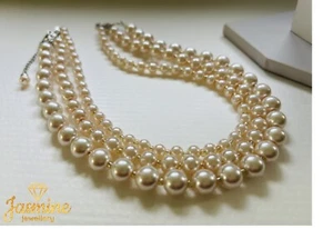 Royalty Inspired Faux Glass Pearl 3 Strand Choker Necklace & Free Earrings. - Picture 1 of 9