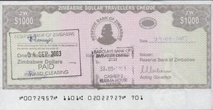 Zimbabwe / Travellers Cheque $1000 04.9.2003 P 15 Circulated Banknote QZ38 - Picture 1 of 2