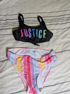 Justice Black And Rainbow Girls 2 Piece Bathing Suit Sz 10/12 - Picture 1 of 9