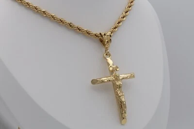 Large Gold Crucifix Necklace, 14k Gold Plated, 5mm Rope Chain For Men - Image 1 of 4