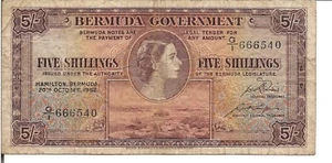 BERMUDA, 5 SHILLINGS, P#18a, QEII, 1952 - Picture 1 of 2