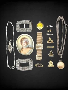 Antique Victorian Job & Wear Lot 14kt Solid Gold Sterling GF Diamond Jewelry - Picture 1 of 17