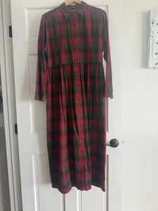 Eddie Bauer Dress Womens Sz Large Red Green Plaid Flannel Maxi Long Sleeve - Picture 1 of 15