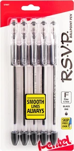 Bolígrafos Pentel® RSVP®, punta fina 0,7 mm, tinta negra, paquete de 5, barra transparente - Imagen 1 de 12