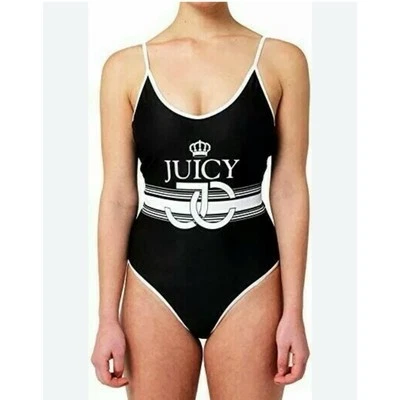 Traje de baño de una pieza con logotipo de Juicy Couture talla M negro con encuadernación en contraste blanco Foto 1 de 4
