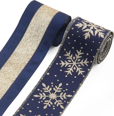 Cintas con cable de Navidad - 2 rollos copo de nieve brillante azul y dorado de 2,5"" x 10 yardas Foto 1 de 4