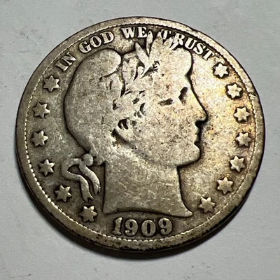 Редкая серебряная монета номиналом 50 центов 1909-S с изображением Барбера. - Изображение 1 из 4