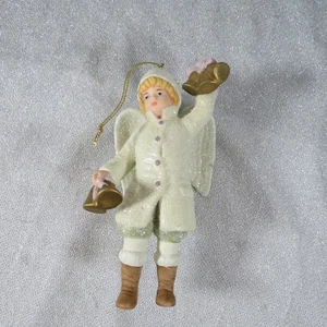 Victorian Porcelain Angel Boy Ornament Ringing Bells Christmas Ornament Glitter - Picture 1 of 4